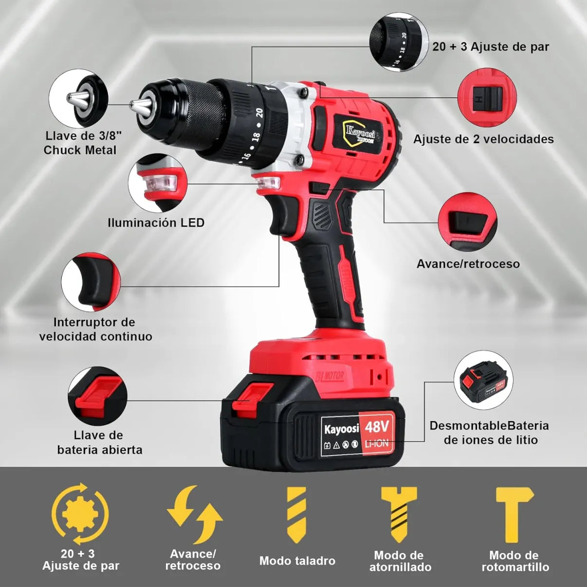 Kayoosi Taladro Electrico Inalámbrico y Juego de Llave de Impacto, con 2 Baterías Recargables de Iones de Litio y Cargador, con 33 Accesorios, Incluidas Tomas de Corriente, con Kit de Montaje.