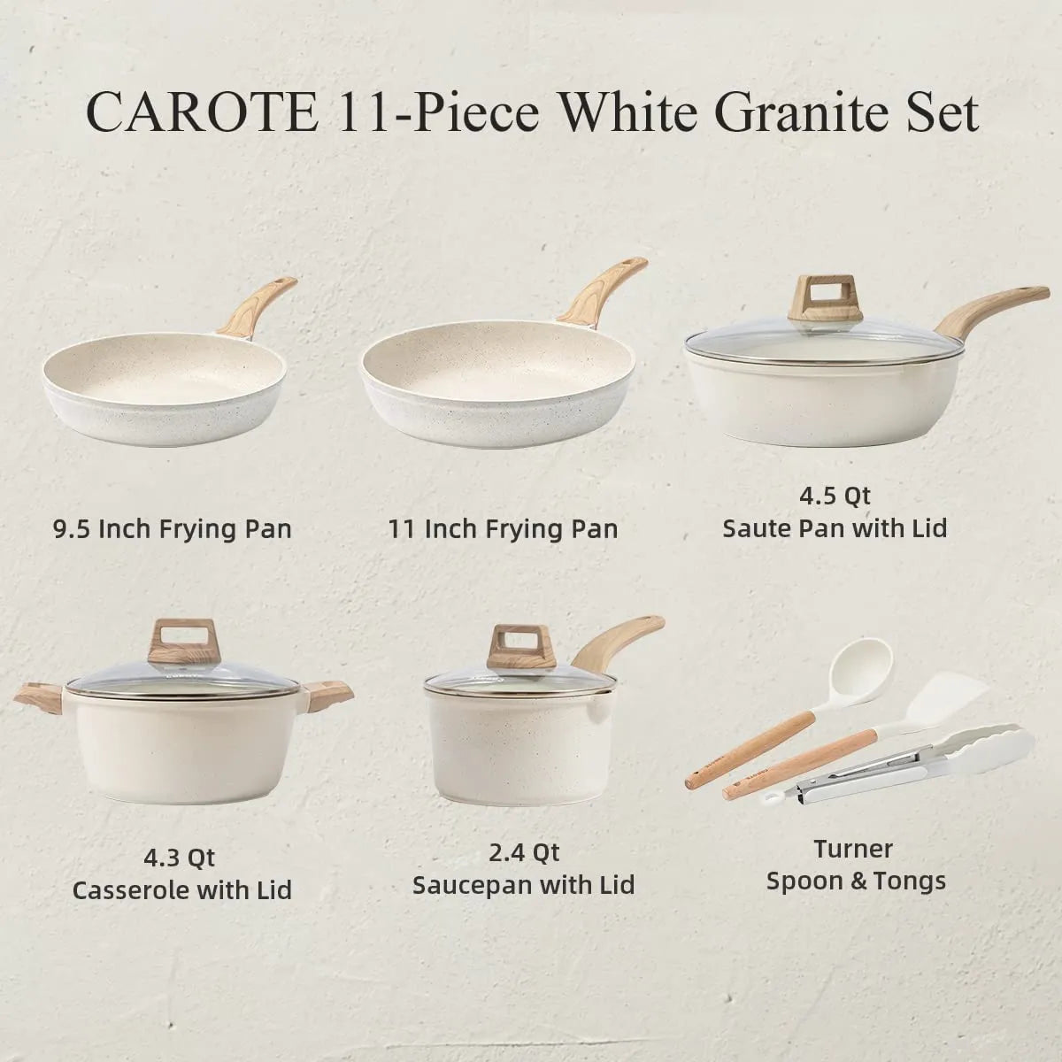 CAROTE Juego de ollas y sartenes antiadherentes, de granito blanco, de inducción, 8 piezas esenciales de cocina con sartenes y cacerolas (PFOS, libre de PFOA)