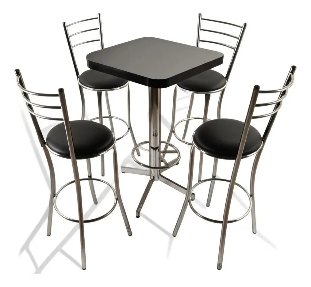 Mesa Periquera Con Bancos Restaurante Bar Lounge Cafetería Color Cromo/Negro
